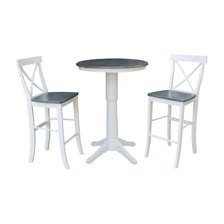 International Concepts Round 30 in Rd Pedestal Bar Ht Table, 2 X-Back Bar Ht Stools, White/Heather Gray, 30 in W, 30 in L K05-30RT-27B-S6133-2
